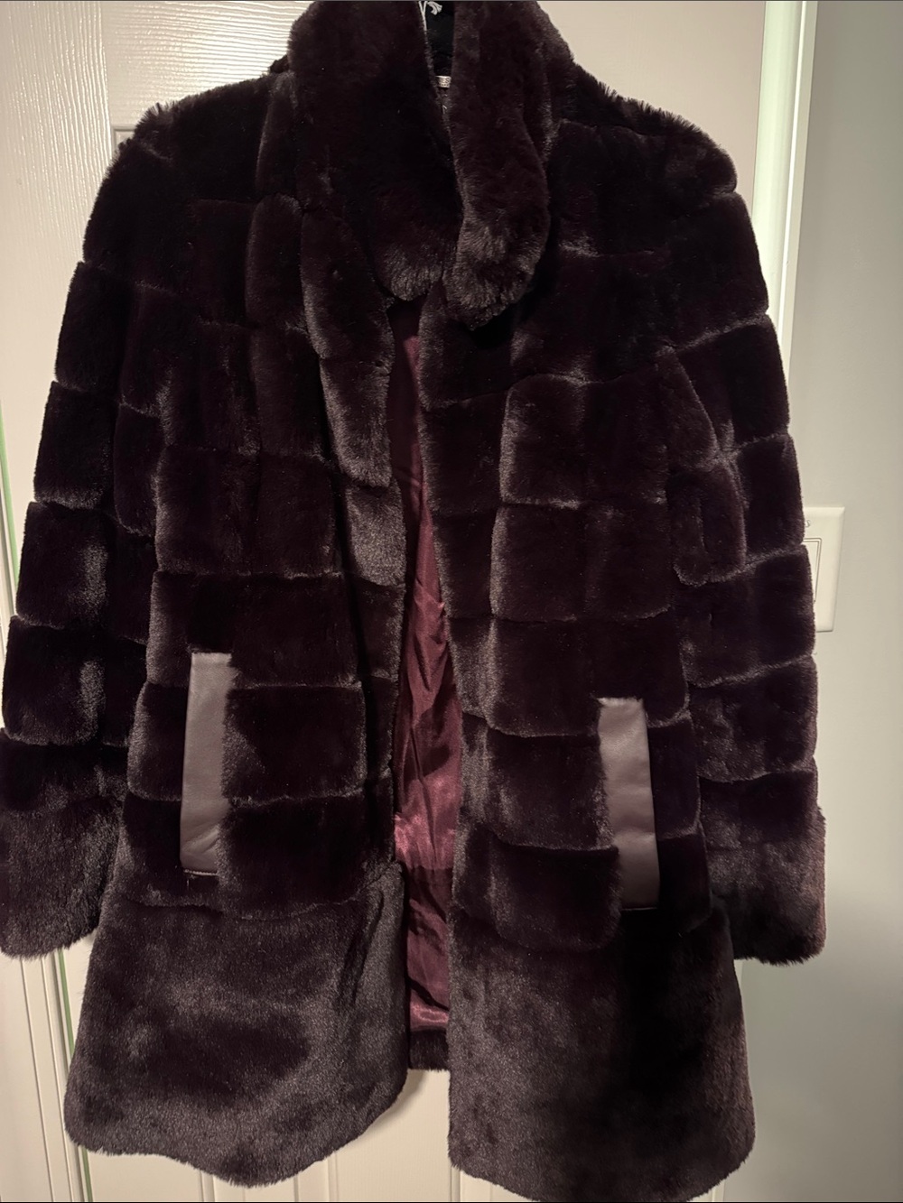 Jones New York Plush Faux Fur Pea Coat in Deep Burgundy
